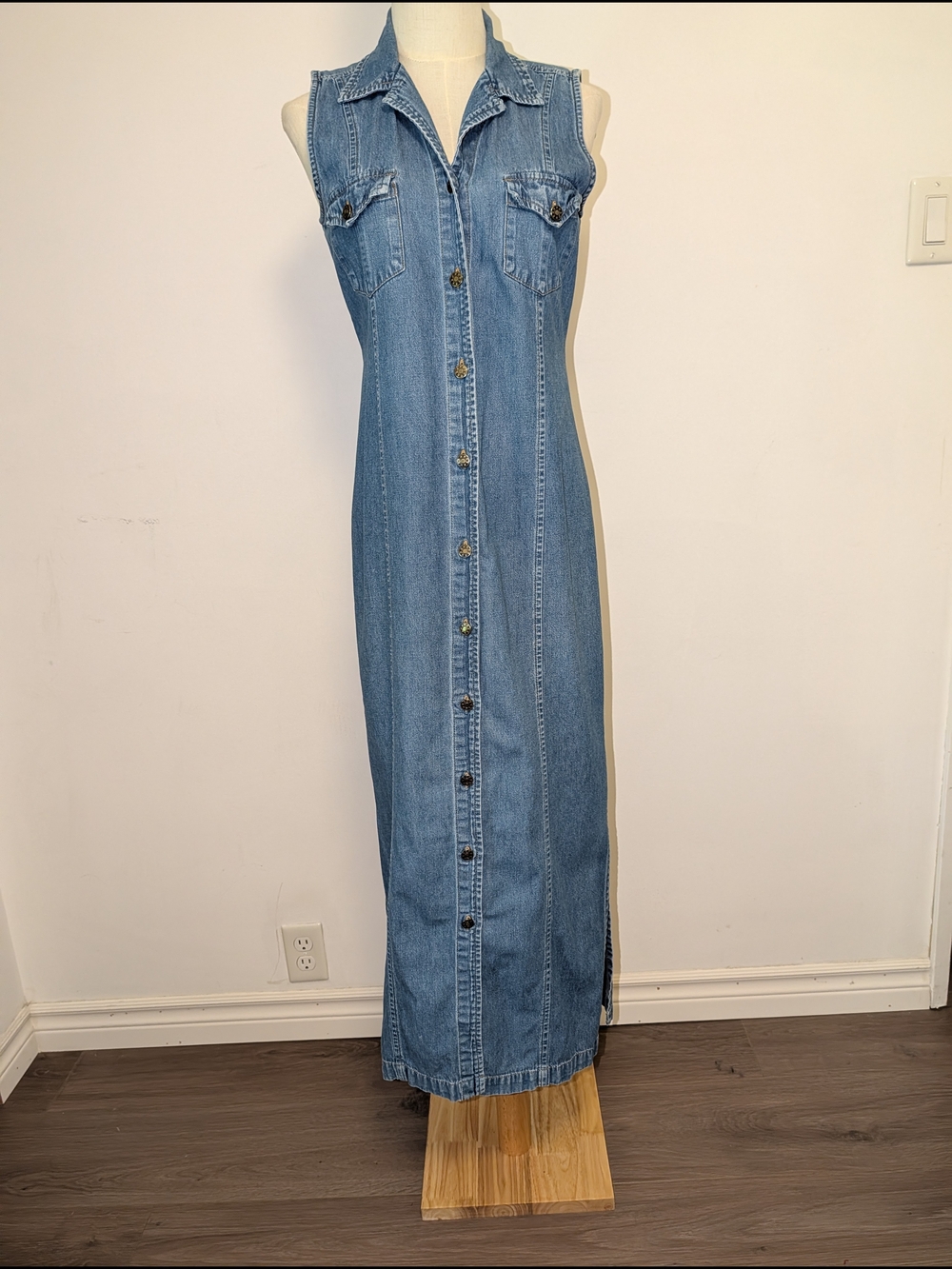 Vintage Medium Wash Denim Button Down Maxi Dress